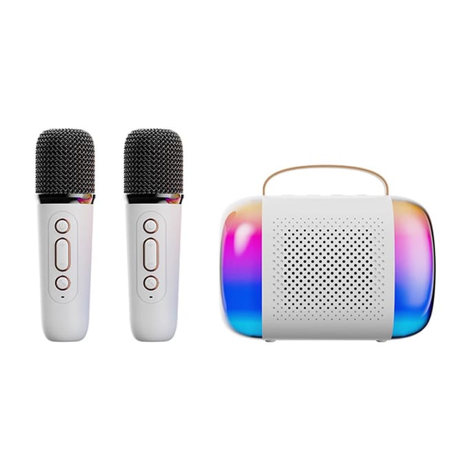 Mini Machine à karaoké, ensemble de microphones et haut-parleurs sans fil avec 2 microphones rechargeables, couleur LED blanc