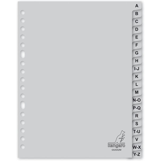Kangaro A5 Tabbladen met Letters, PP 120 Micron, Grijs, 17-gaats, 20-delig, A-Z