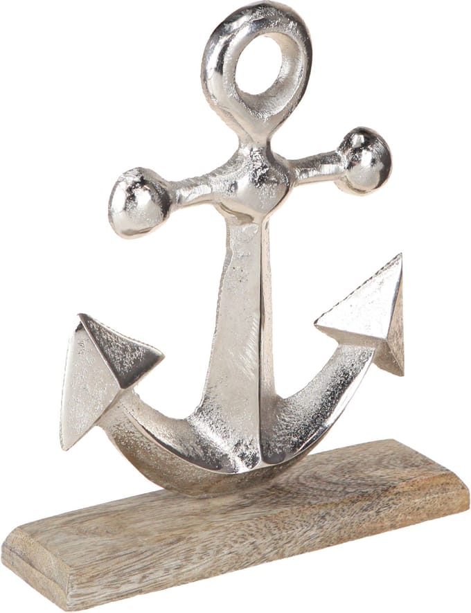 Anker Decoratie Metaal op Houten Basis Zilver Natuurlijk H21cm