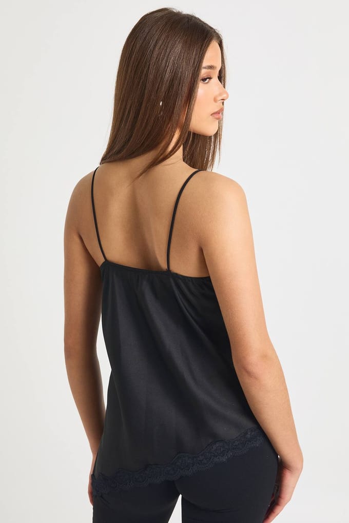 boohoo Dames Satijn Kant Mix Asymmetrische Cami | Zwart | Maat: 42