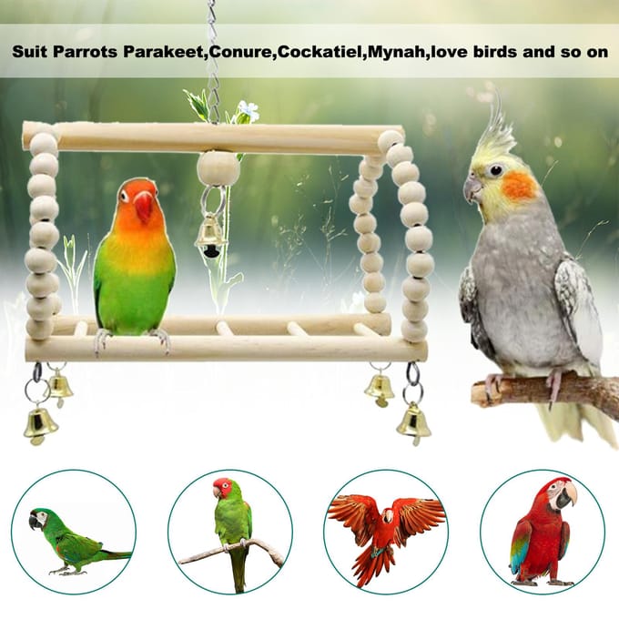 Papegaaivogelspeelgoedset Schommelkooiaccessoires Houten kleur 7-delige set Vogelspeelgoed Interactief beige