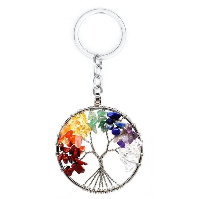 Porte-clés pendentif arbre de vie en gravier de cristal naturel Porte-clés pendentif arbre d'argent vert