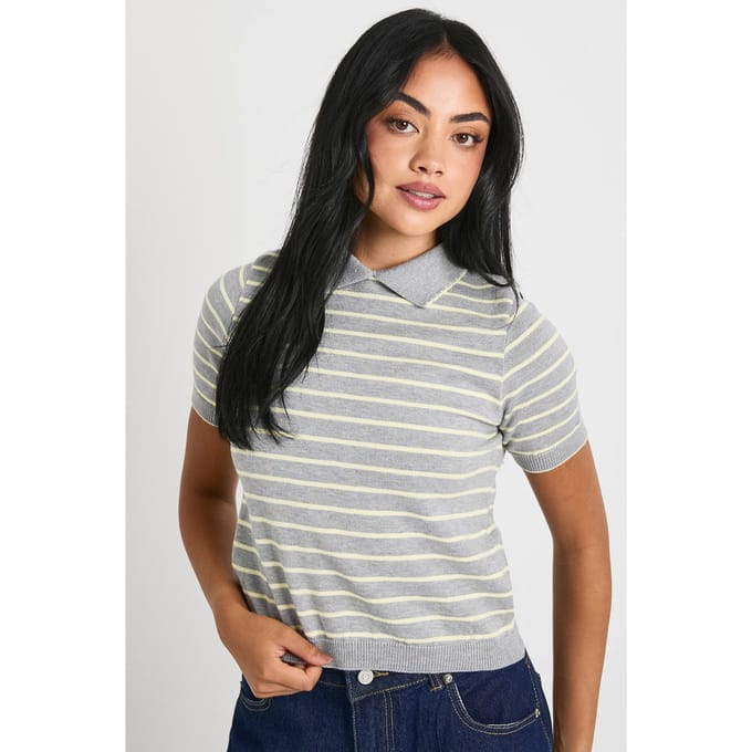 boohoo Dames Gebreide Top met Gestreepte Kraag en Schelprand | Grey | Maat: Small