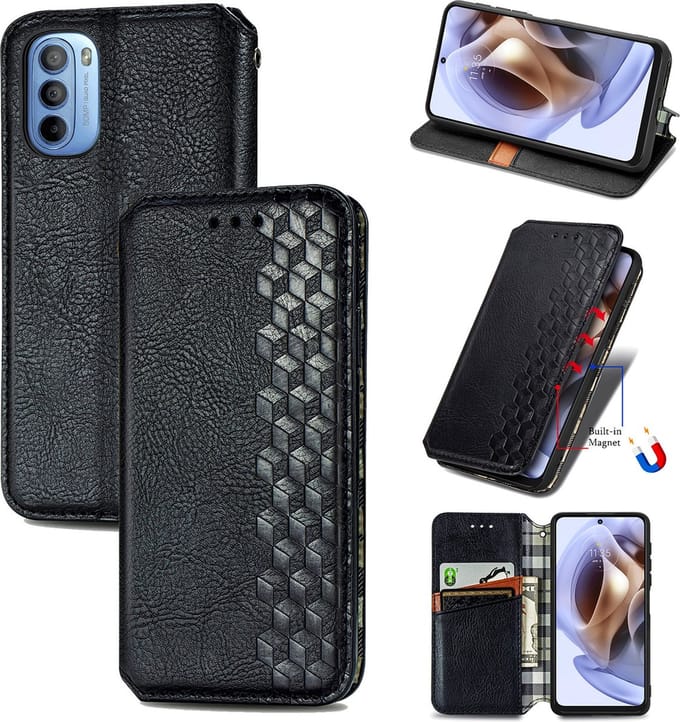Luxe PU Lederen Ruitpatroon Wallet Case + Glas Screenprotector voor Moto G31 / G41 _ Zwart