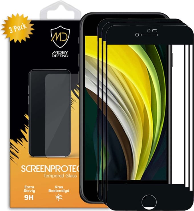 3-Pack MobyDefend Screenprotectors - Geschikt voor Apple iPhone SE (2020/2022) / iPhone 8 / iPhone 7 - Screensavers Met Zwarte Randen - Gehard Glas