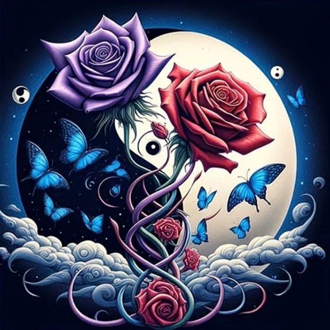 nr 580 Diamond Painting Yin Yang rozen vlinders 40x40cm (rond)