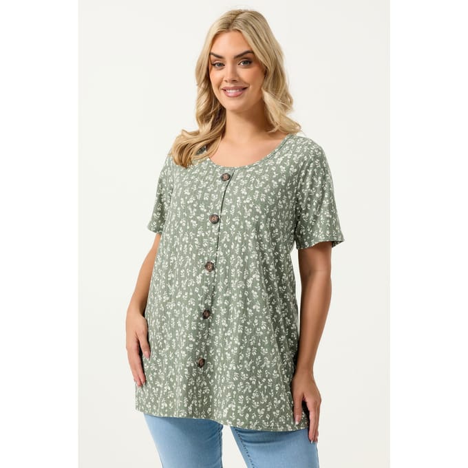 Yours Saliegroene Geribbelde Swingtop Met Bloemenprint Size 62-64