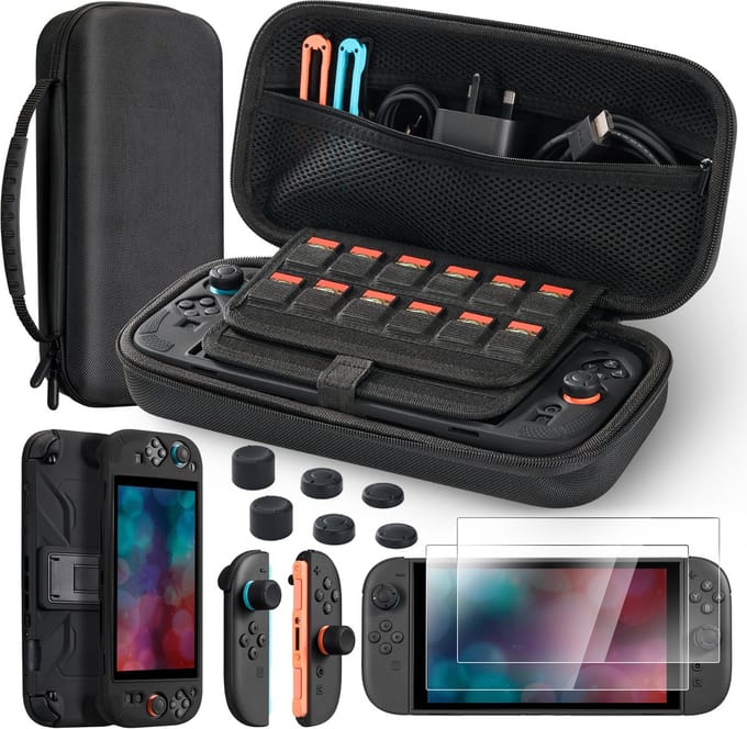 RHYTHMFLAME Accessoires Set geschikt voor Nintendo Switch 2 - Case - 2 Stuks Screenprotector - Grip Case - Classic Thumb Grips