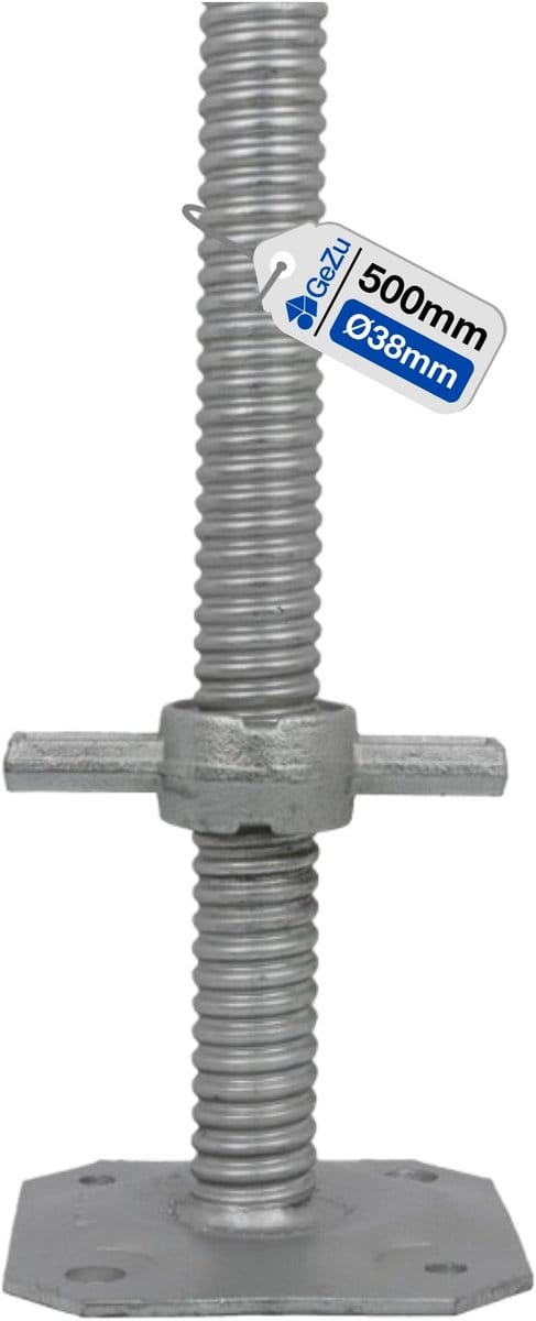 GeZu Impex Steiger spindel Ø 38 x 500 mm | Set van 1 Elektrolytisch Verzinkt Verstelbare Voetspindel voor Steigertoren