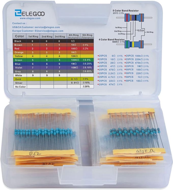 ELEGOO Widerstand Sortiment Kit 525 Teile 1/4W Metallfilm Widerstände 0 Ohm - 1M Ohm