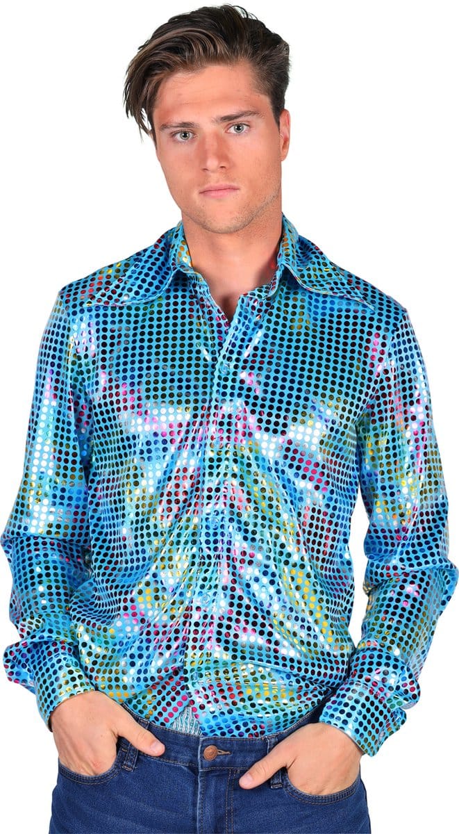Overhemd Disco - Heren Blouse - Disco 80/90 - Hippie - Carnaval - Verkleedkleding - Turquoise - Maat XXL