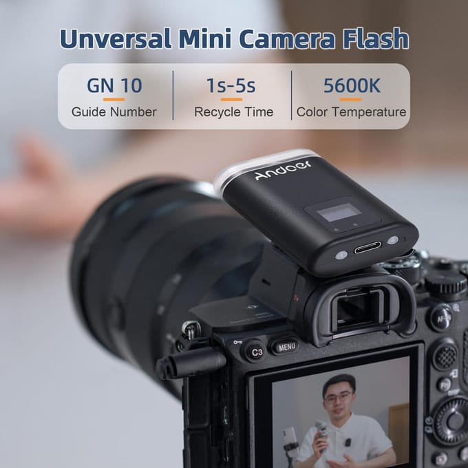 Andoer S10 Universele Mini Camera Flitser GN10 Op-camera Flitslicht 5600K Speedlite 8-Niveau zwart