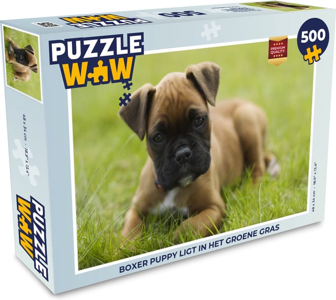 Puzzel Boxer puppy ligt in het groene gras - Legpuzzel - Puzzel 500 stukjes