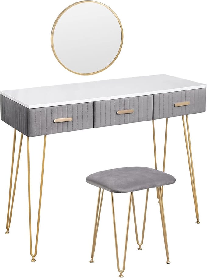 Make-uptafel met kruk en spiegel, kaptafel met laden