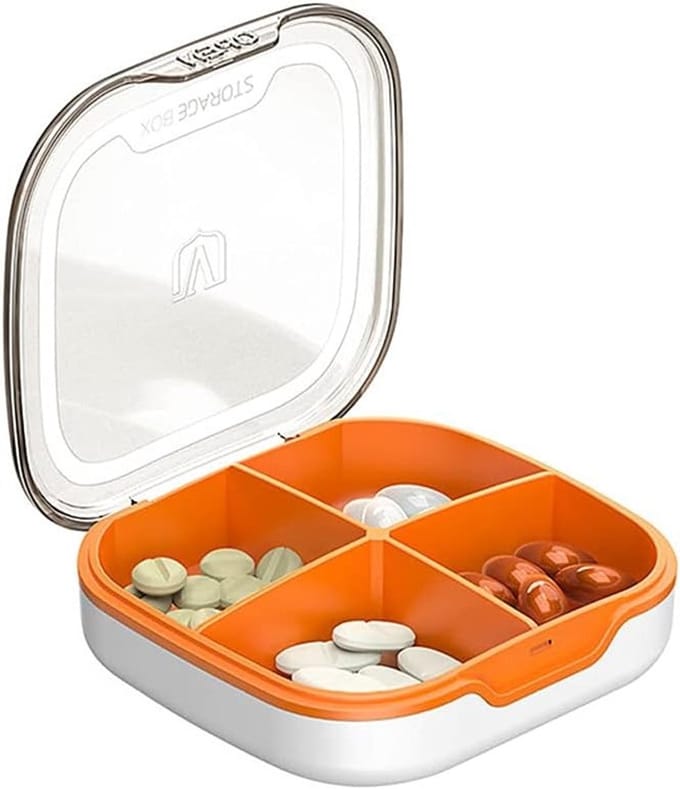 Compacte Pillendoos met 4 Compartimenten - Draagbare en Handige Oplossing voor Medicijnen - Wit en Oranje