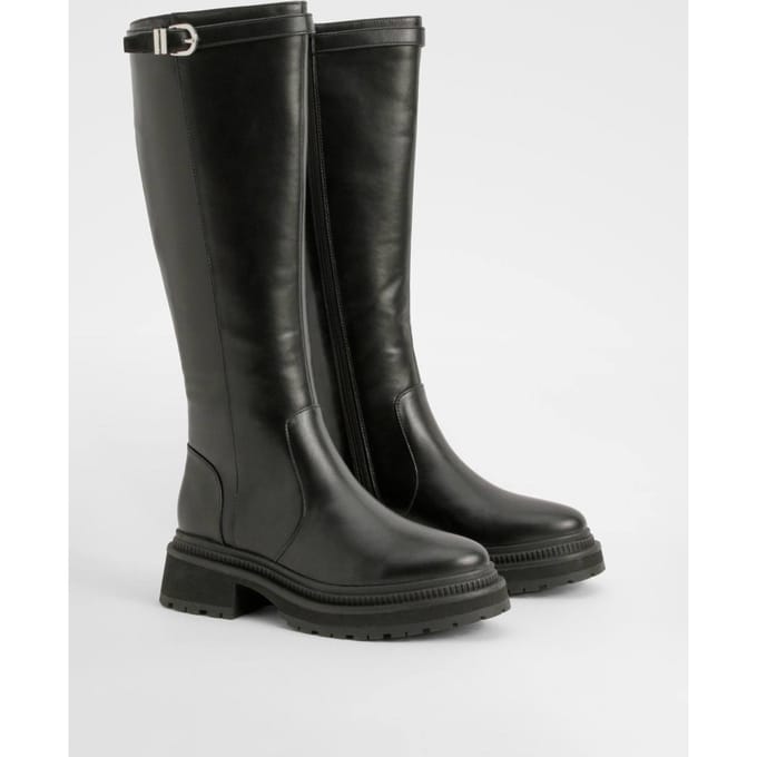 boohoo Dames Buckle Strap Detail Chunky Knee High Boots | Black | Maat: 3