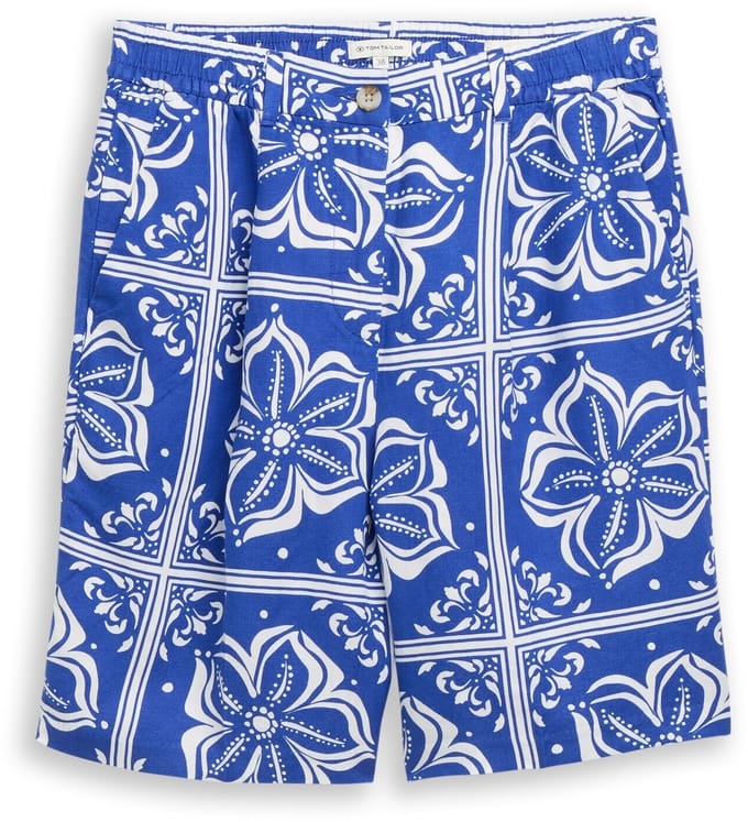 Tom Tailor - Bermudashort met losse pasvorm en linnen - Maat 38 - blue flower tile design