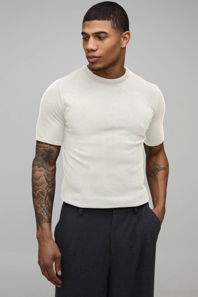 Essential Muscle Fit Soft Touch Knitted T-Shirt | Ecru | Size Small
