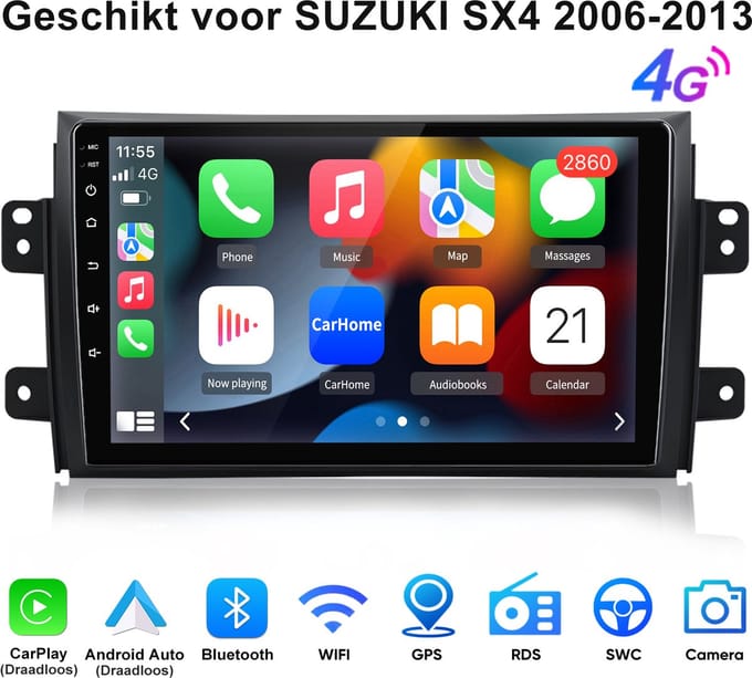 Junsun Android 15 autoradio Geschikt voor SUZUKI SX4 2006-2013 Accessoires , 4GB+64GB, GPS-navigatie, WIFI, Bluetooth, Draadloze CarPlay, Android Auto, RDS, DSP, FM, SWC, DAB+,9-inch Touchscreen, DSP, 8core processor