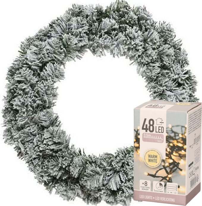 Decoris Kerstkrans - groen met sneeuw - D40 cm - incl. verlichting warm wit