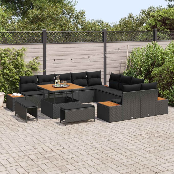 vidaXL - Tuinbank - Set - 13 - st - 12-zits - Zwart - Poly - rattan