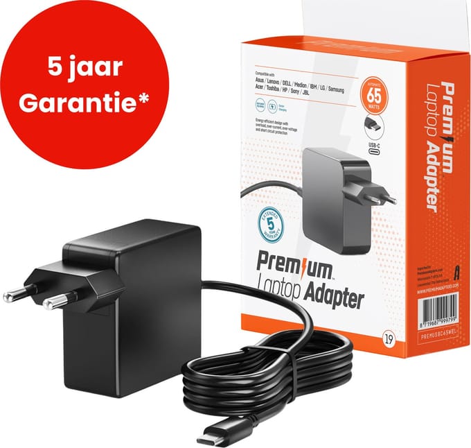 Premium USB C Laptop oplader 65W - Universeel voor alle merken laptops - USB C Kabel + adapter