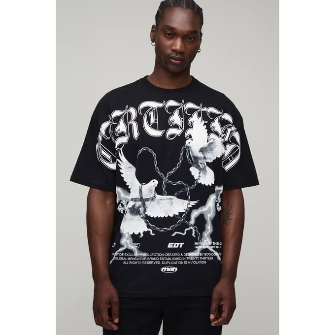 Lang Zwart Oversized Gothic Duif Over De Naden Print T-shirt | Black | Size Small