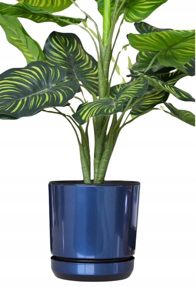 12 cm Decor Pot met Schotel, Donkerblauw Glanzend, Kunststof