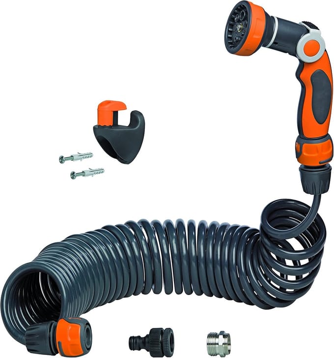 Spiraalslang complete set - Flexibele tuinslang - Tuin besproeien - 8 sproeipatronen - 10 meter lengte - Oranje