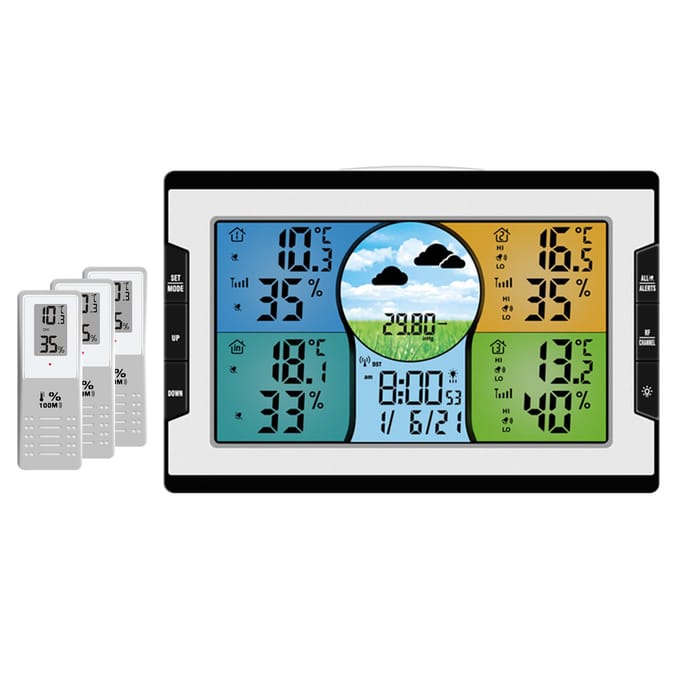 KKmoon Digitale Multifunctionele Klok RF 4 Kanalen Binnen- & Buitentemperatuur & Vochtigheid zwart