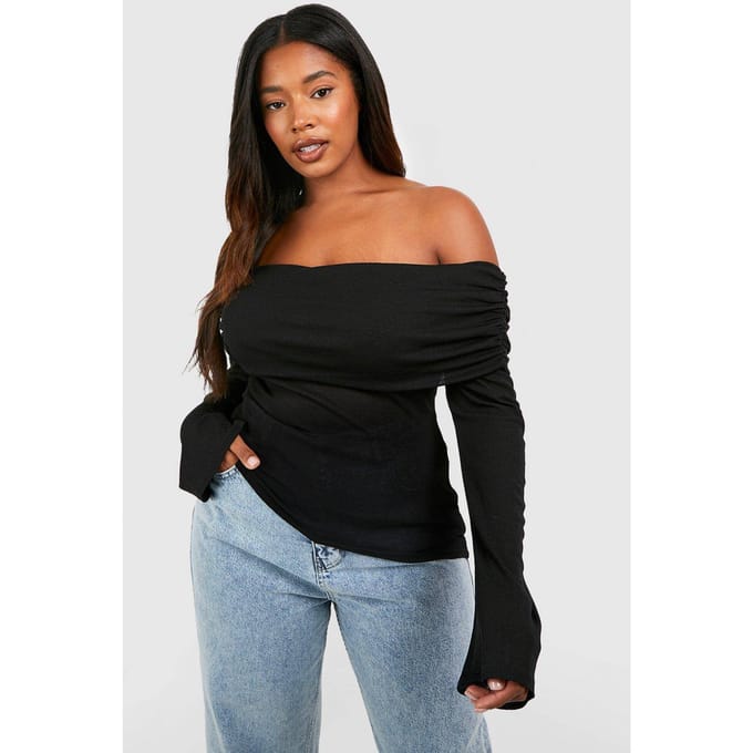 boohoo Dames Plus Bardot Ruched Flare Sleeve Top | Zwart | Maat: 48