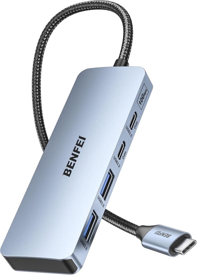 USB-C hub 4-poorts – 10 Gbps – 2x USB-C en 2x USB-A 3.2 – compatibel met MacBook, iPad, Dell, HP en Samsung – grijs