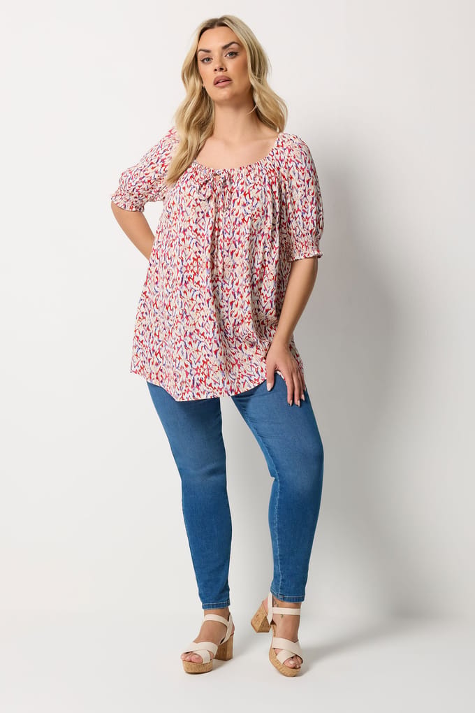 Yours Rode Blouse Met Abstracte Print En Striksluiting Size 42
