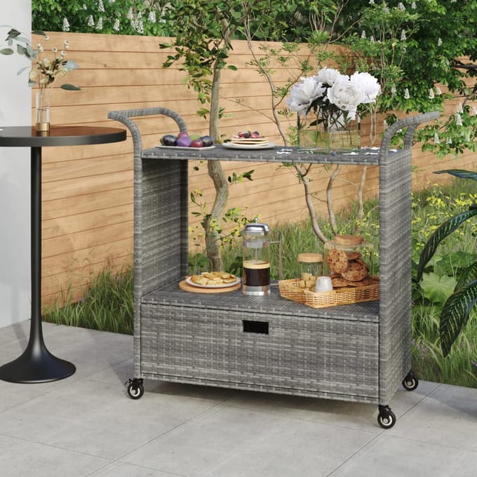 vidaXL - Serveerwagen - met - lade - 100x45x97 - cm - poly - rattan - grijs