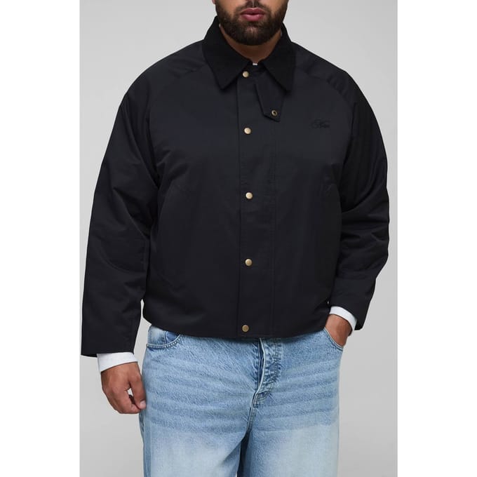 Plus Cord Collar Embroidered Worker Jacket | Black | Size 2XL