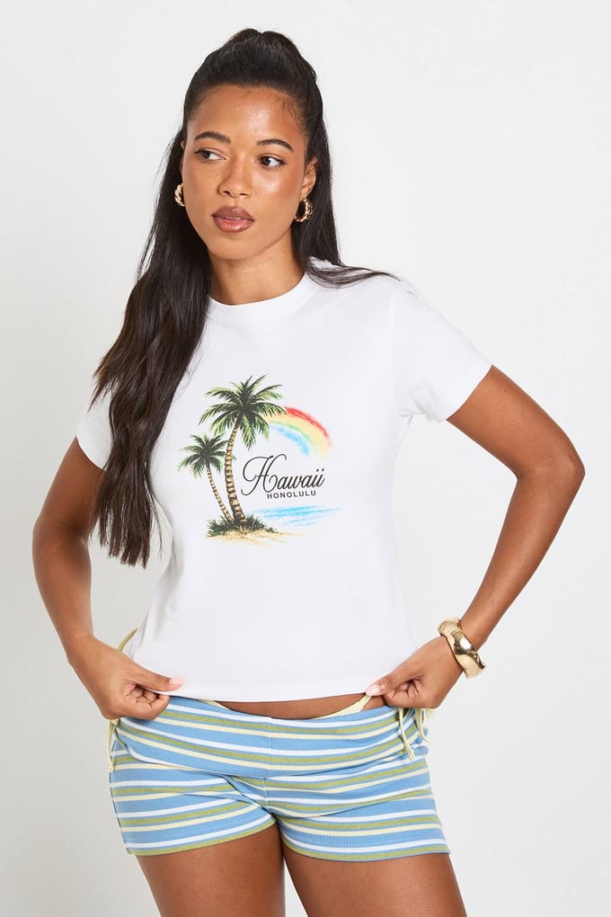 boohoo Dames Hawaii Palmboom Baby T-shirt | Wit | Maat: Small