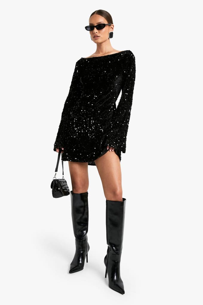 boohoo Dames Fluwelen Pailletten Tie Back Shift Jurk | Black | Maat: 8