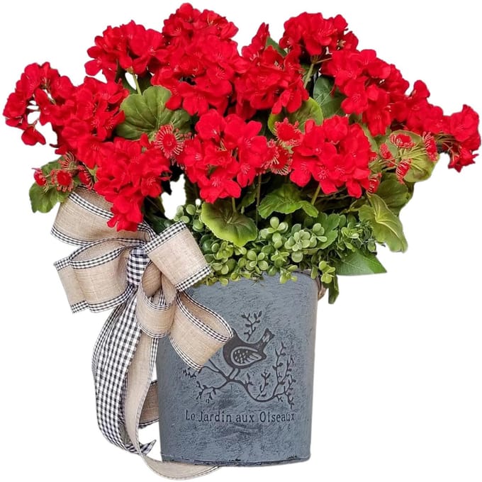 Rode Geranium Vat Krans Voordeur Rode Geranium Mand Krans Zwart-wit Ruit Strik red