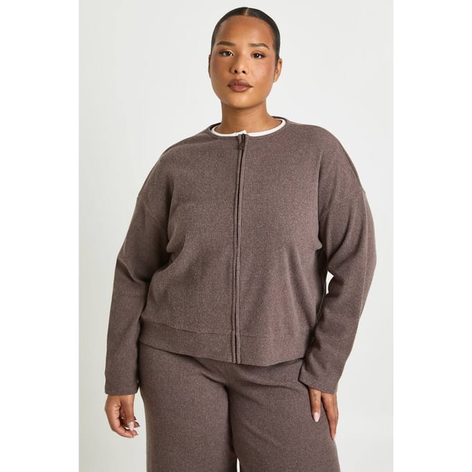 boohoo Dames Plus Gebreide Rib Rits Sweatshirt | Chocoladebruin | Maat: 48