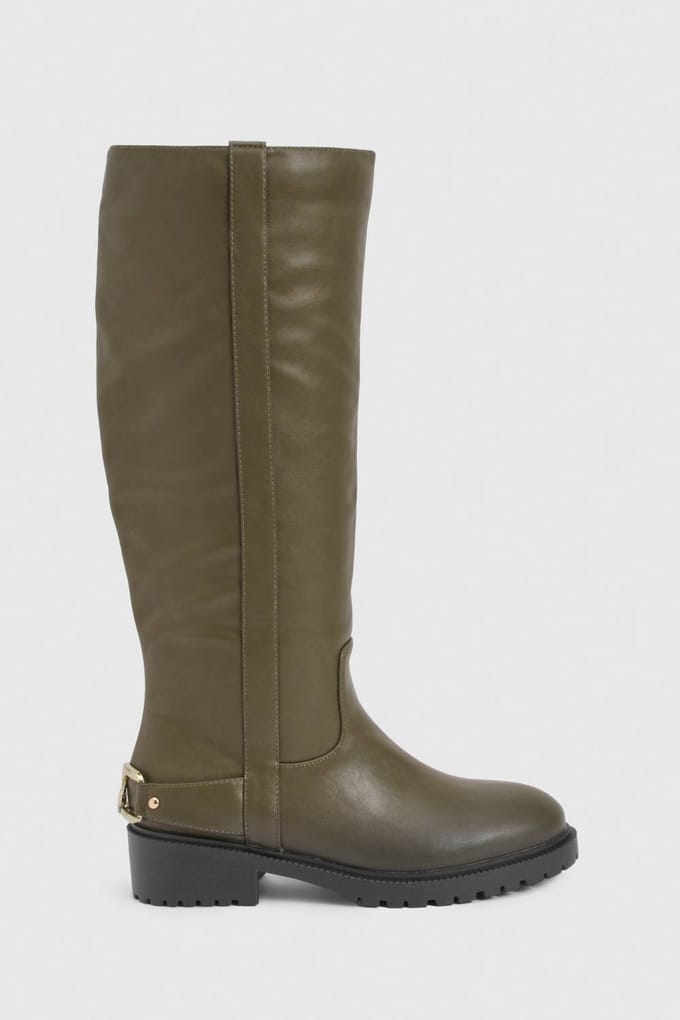 boohoo Dames Hardware Detail Kniehoge Bikerlaarzen | Olive | Maat: 4