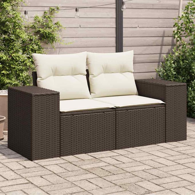 vidaXL - Tuinbank - 2-zits - met - kussens - poly - rattan - bruin