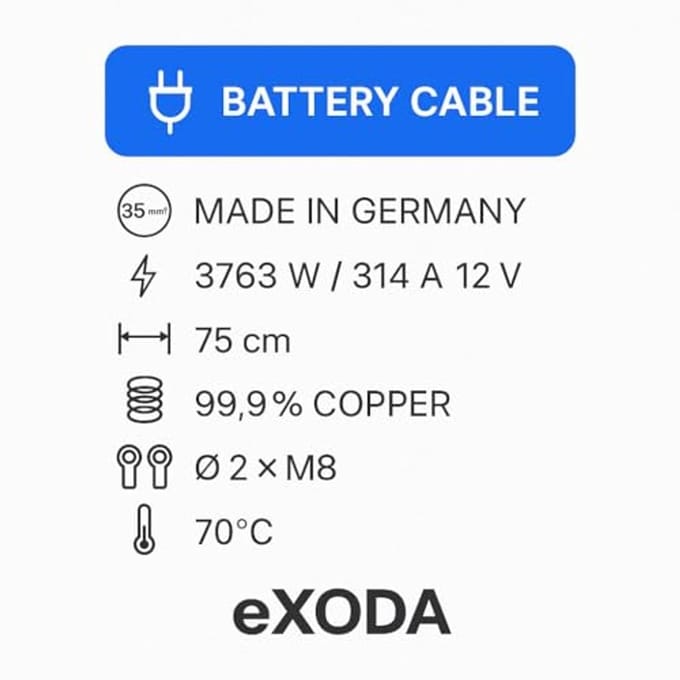 Batterijkabel 35 mm² 75cm koper met ringogen M8 rood