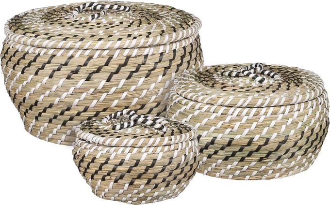Mica Decorations Esquire Opbergmand - Set van 3 - H18 x Ø32 cm - Zeegras - Zwart