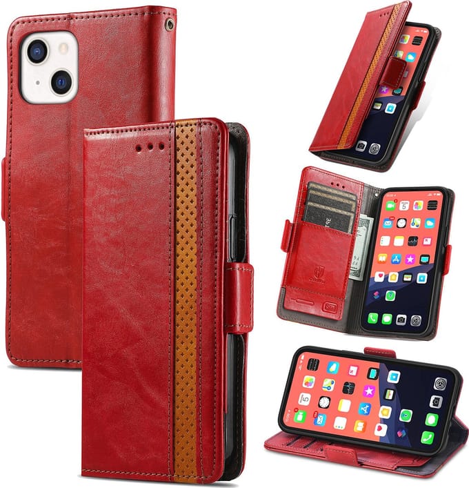 Stijlvol Tweekleurig PU-leer Wallet Flip Case voor iPhone 13 Mini _ Rood