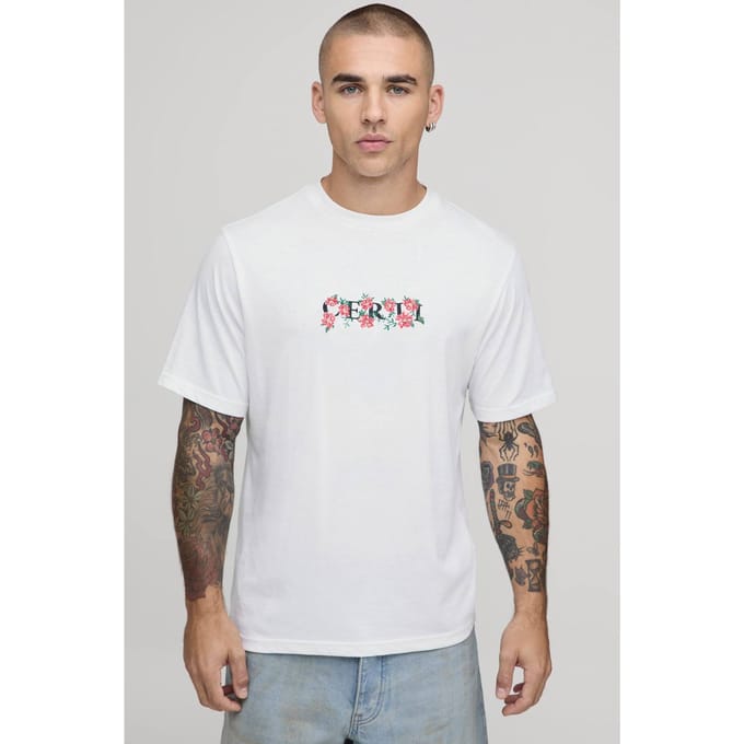 Regular T-shirt Met Geborduurd Bloemmotief Op De Borst | White | Size Medium