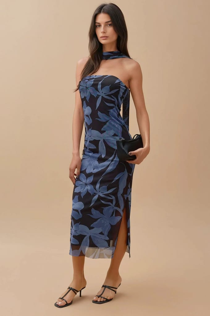 Strapless Bloemen Midi-jurk