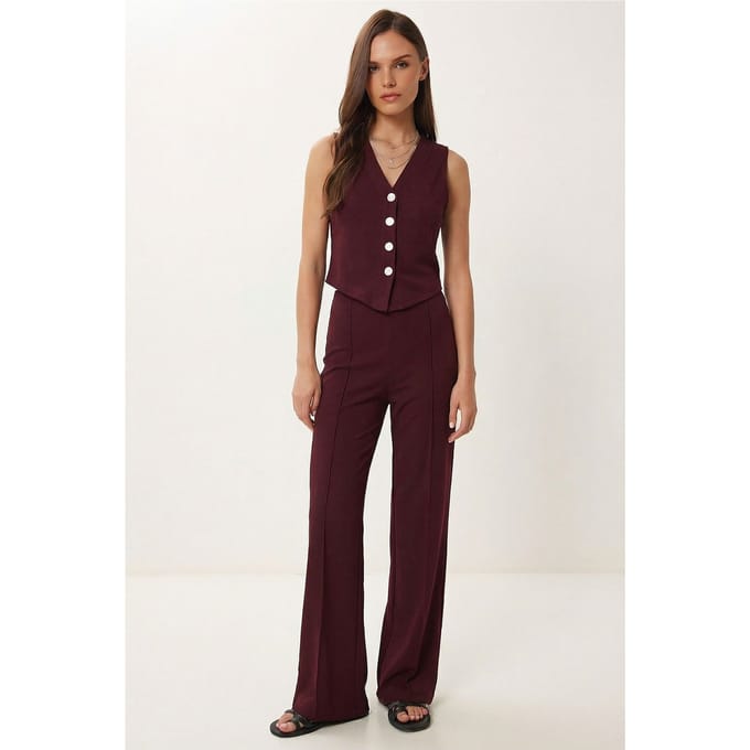 Hoogwaardige Taille V-hals Knopen-up Brede Pijpen Co-ord Set