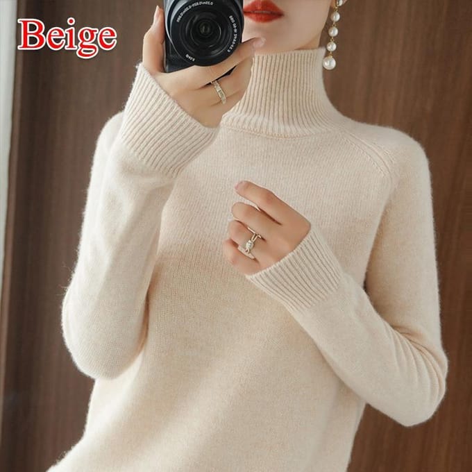 Pull en laine pure cachemire pour femme Pulls Pull Femme Automne Hiver Col Haut Tricot Pulls Col Roulé Pull XXL beige