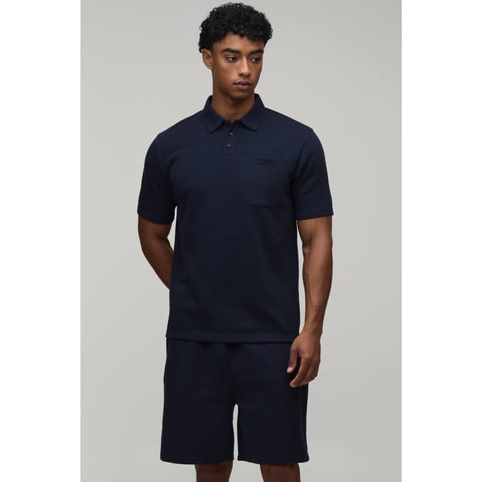 Regular Fit Wafel Polo Met Knoopsluiting En Borstzak & Shorts Set | Navy | Size Small