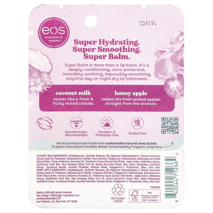 EOS Baume Super Hydratant 24H, Lait de Coco & Miel Pomme, Lot de 2, 10ml (0,35 fl oz) Chaque multi